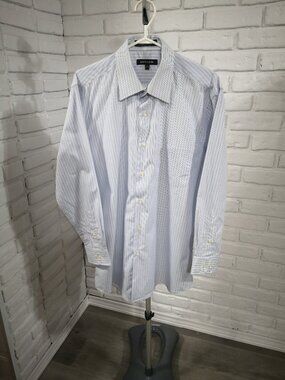 Pierre Cardin Men's Size 16 Blue Yellow & White Striped Wrinkle Resistant Shirt
